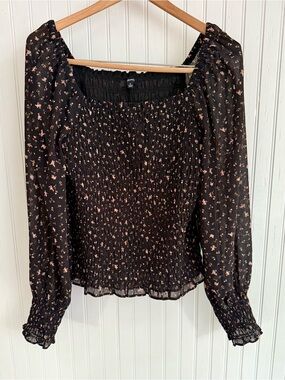 Madewell Black Smocked Long Sleeve Top Size M with Pink Floral Print